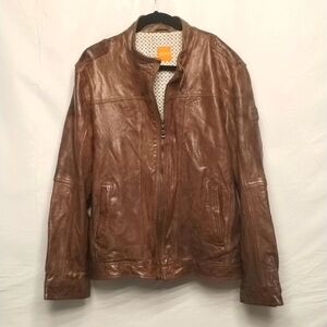 Hugo Boss Orange large brown leather jacket w/lining long sleeve for men